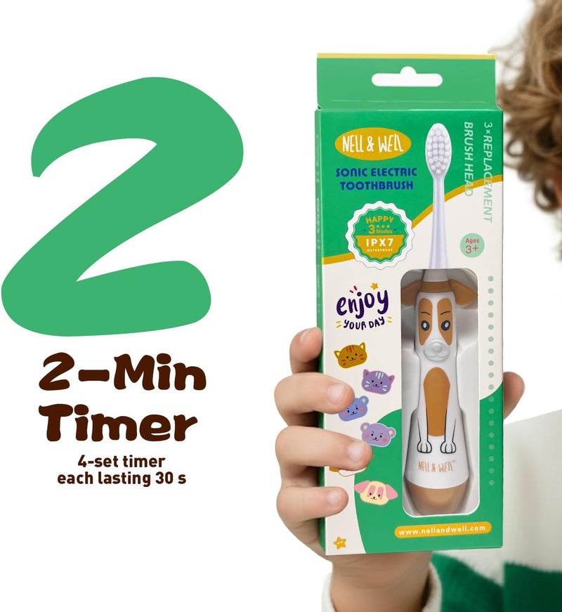 NELLWELL Kids Electric Toothbrush, 3 Modes, 2-Min Timer, IPX7, Battery Powered with 3 Soft Brush Heads for Children Ages 3+ - Image 3